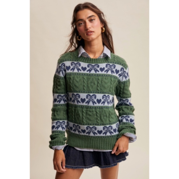 Green & Blue Cable Knit Hearts Bows Striped Knit Pullover Winter Casual Relaxed - Picture 1 of 3